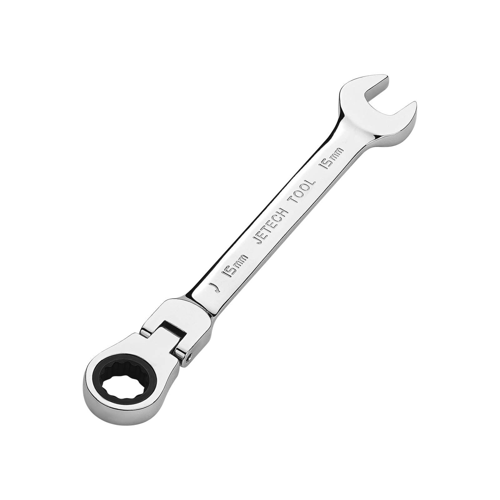 Jetech 15mm Flexible Head Gear Wrench, Industrial Grade Ratcheting Combination Spanner, Forged, Heat-Treated Cr-V Alloy Steel, Full Polished 12 Point,Metric