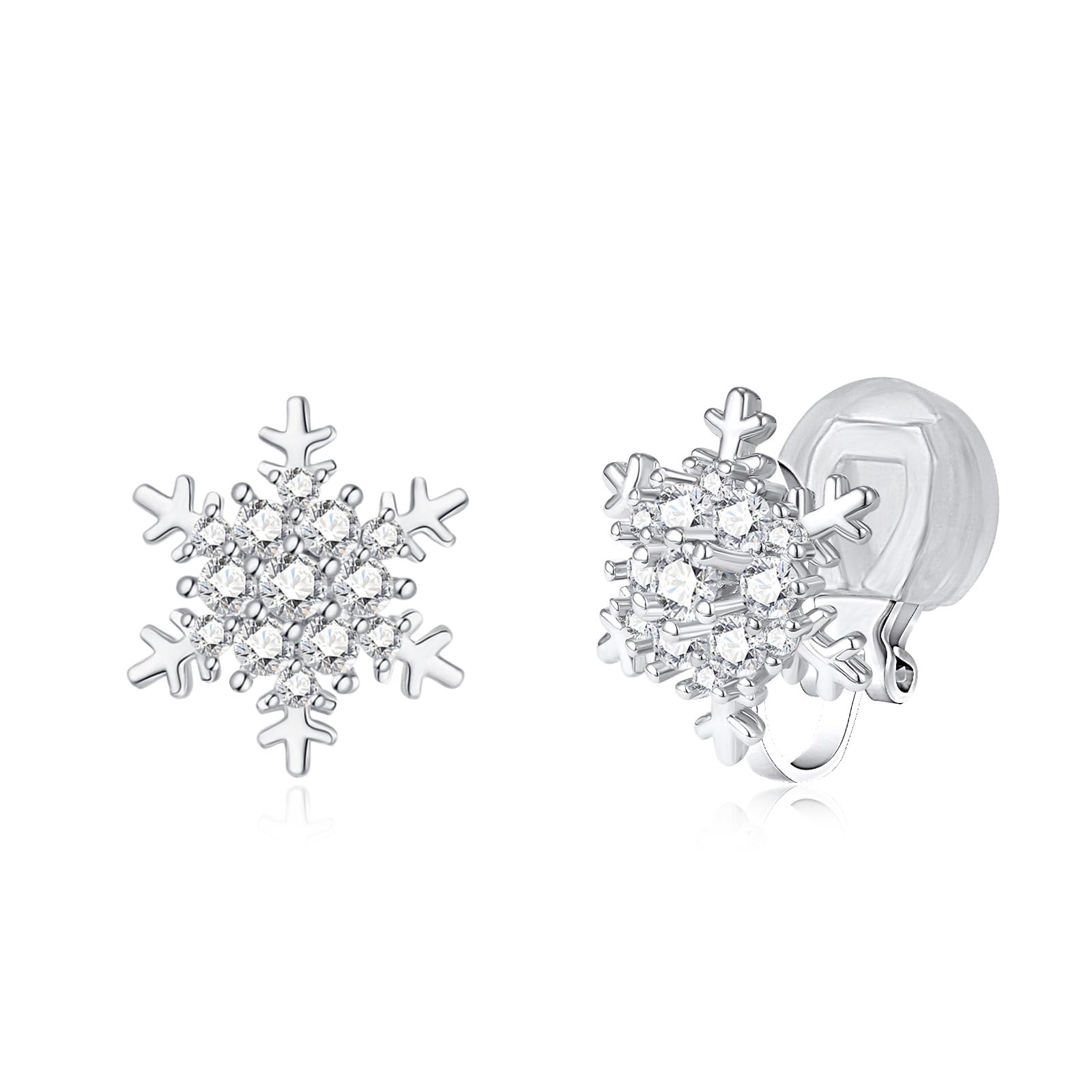 QUKE Women CZ Crystal Snowflake Shape Clip On Stud Earrings Non Pierced Earrings For Women Girls