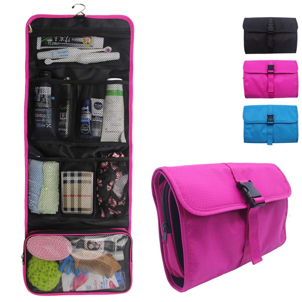 Travel Hanging Toiletry Bag Travel Kit Organizer Cosmetic Makeup Waterproof Wash Bag for Women Girls Travel Case for Bathroom Shower (Hot Pink)