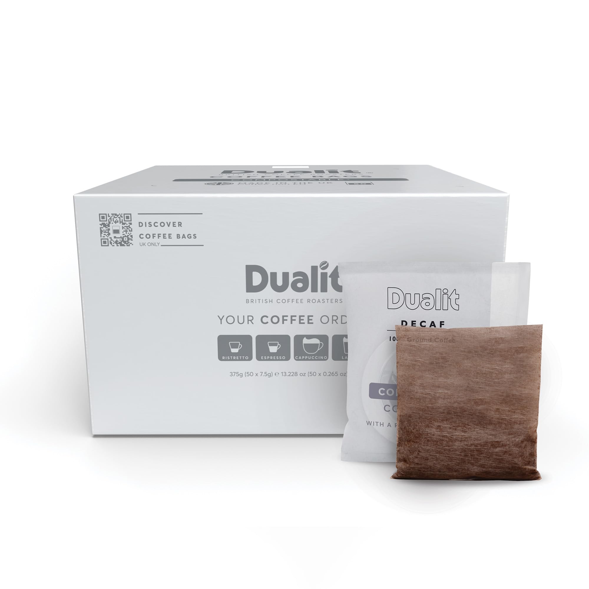 50 Premium Decaf Coffee Bags by Dualit - Compostable Coffee Bag with Recyclable Sachet For Easy, Mess Free Coffee On The Go - Individually Wrapped for Freshness - Decaf