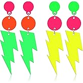 IANFAN Neon Earrings for Women, 2 Pairs Acrylic Lightning Bolt Earrings, Retro Drop Dangle for 80s Theme Parties & Glow Nights (Yellow & Green)
