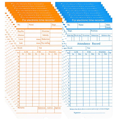 Flexzion 100 Pack Time Cards Thermal Print Monthly Timesheet, 6 Column