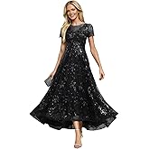 GOAFIL Sequin Lace Mother of The Bride Dress for Women Scoop Neck Tulle Mother of Groom Dress Tea Length Wedding Guest Gown