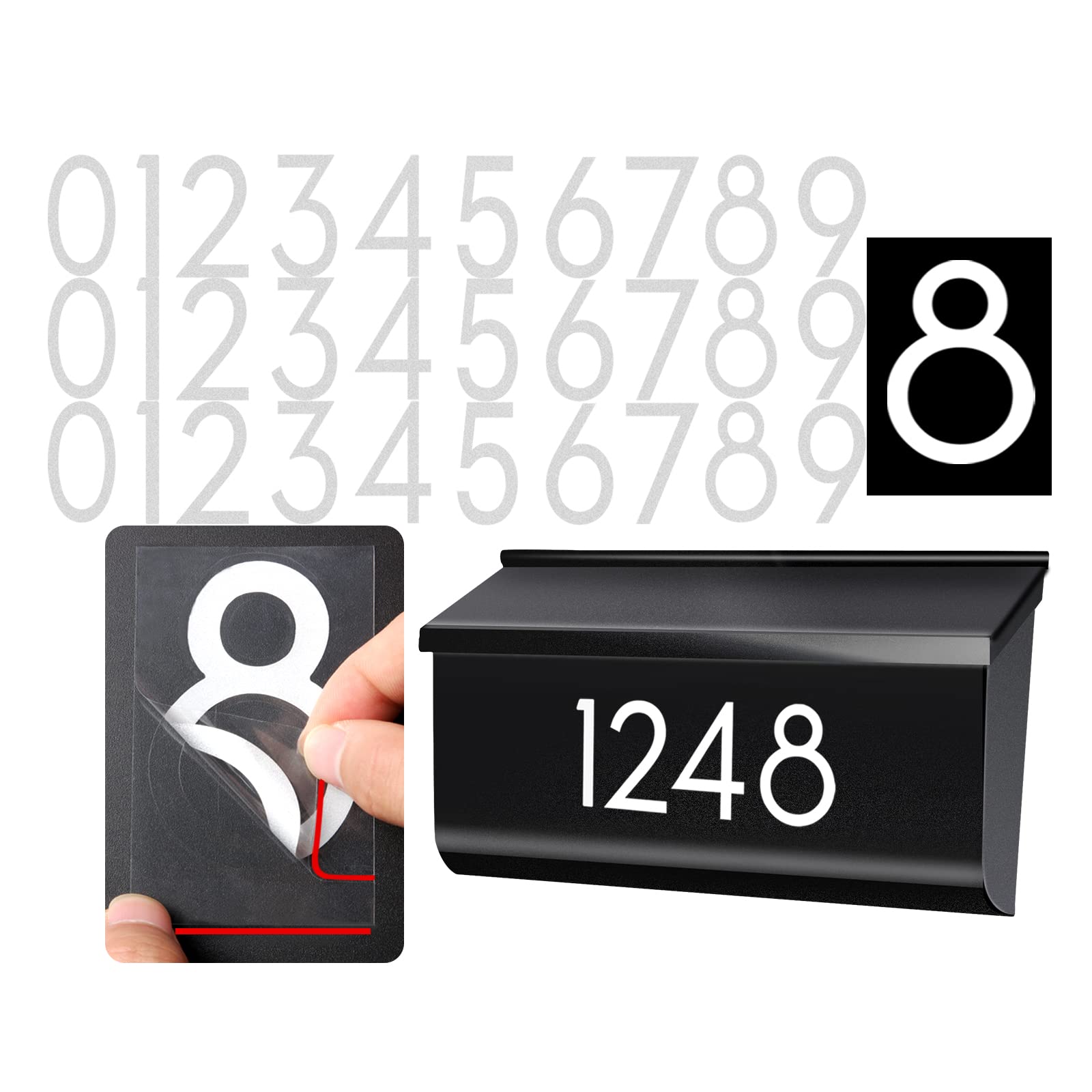 Photo 1 of 3 inch 30 Pcs Reflective Mailbox Numbers Stickers for Outside, Easy Installation with Prolonged Backing for and Pre-cut, Self Adhesive White Vinyl Address for House Address Sign Window Trash Bins