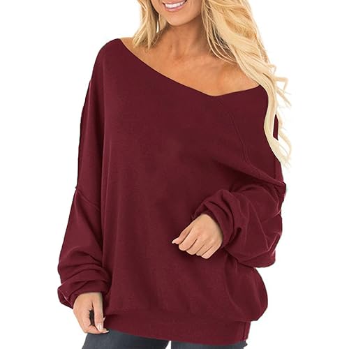 Auxo Womens Off The Shoulder Tops Baggy Shirt Long Sleeve Blouse Oversized Sweater Jumper Pullover
