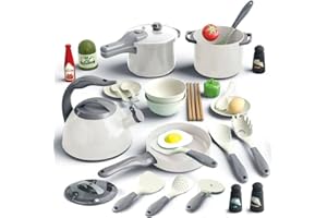 Bruvoalon 32Pcs Kids Play Kitchen Toys Set, Toddlers Pretend Cooking Playset Acccessories with Pots Pans, Utensils Cookware, Foods, Canned Veges, Learning Gift for Kids Girls Boys (White)