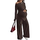 MakeMeChic Women's Maternity Clothes 2 Piece Spring Outfits Asymmetrical Top and Pants Pregnancy Matching Sets Brown Medium