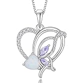 YIFSIY Opal Heart Necklace for Women 925 Sterling Silver Butterfly Pendant Birthstones Jewelry Gift