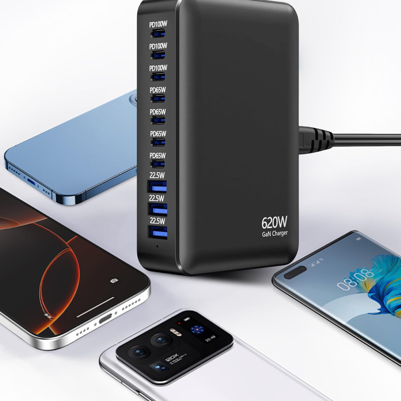 620W USB C Ladegerät 10-Port, Schnellladegerät Adapter Mehrfach mit GaN III, mit 7 USB-C und 3 USB-A PD Charger 100W Netzteil für MacBook, iPhone, Laptop, iPad, Samsung 4