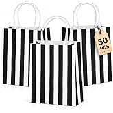 Ronvir 50Pcs Small Gift Bags,Black &amp; White Striped Recycled Paper Bags | 5.25x3.25x8 Inch,120GSM,Perfect for Party Favors, Shopping, Goodies, Birthday, Retail, Halloween,Business,Gift Wrapping