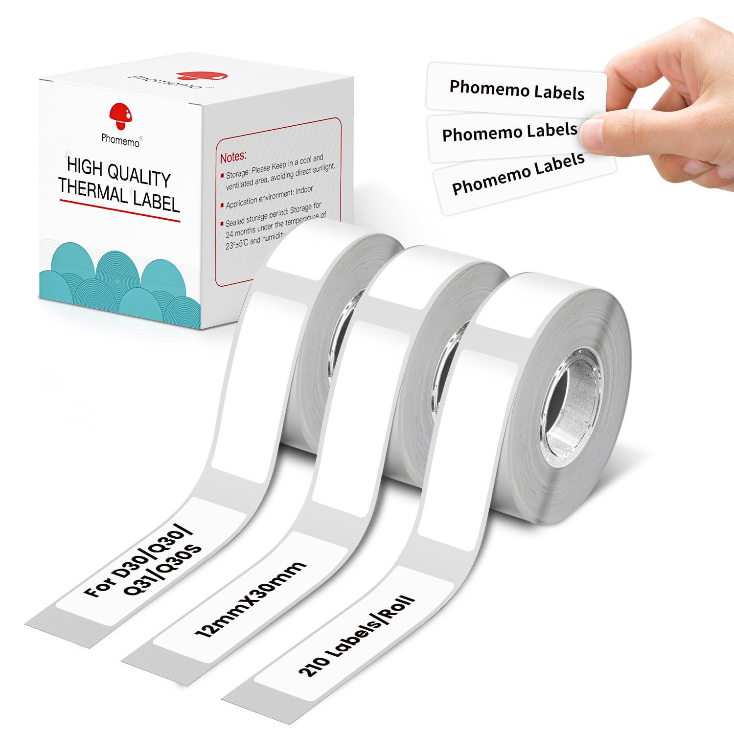 Phomemo D30 Labels, 3/8"*1 1/8"(12mm*30mm) self-Adhesive Thermal Phomemo D30 Label Tape, Compatible with D30D30/Q30/Q31 Label Maker, Suitable for Home, Office, School, 210 Labels/roll, 3 Roll，White