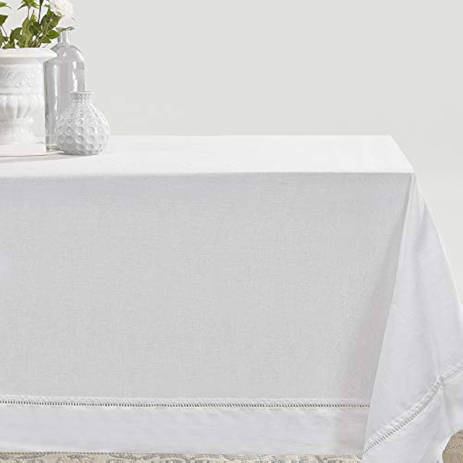 Photo 1 of Simple&Opulence Premium 100% Linen Hemstitch Tablecloth-60 x 120 Inch White, Natural Fabric, Rectangular Tablecloth for Indoor and Outdoor Use