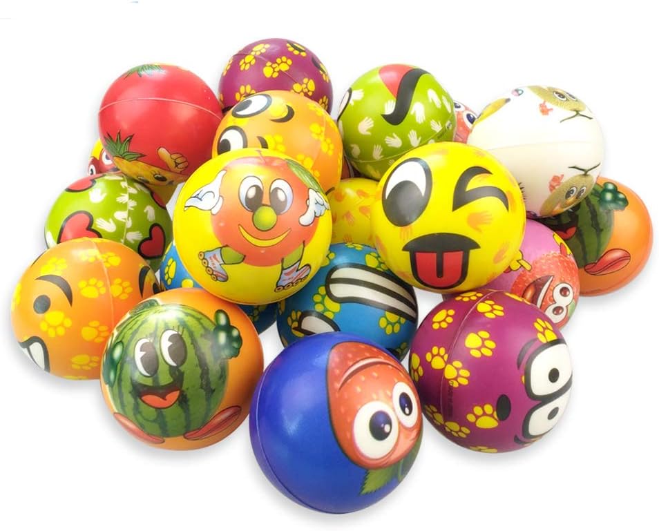 OKGD Set of 24 Fruit Emoji Stress Balls, Funny Face Squeeze and Bouncy Balls Bulk, Soft Stress Relief Balls Toys for Kids Emoji Party Favor, Office Props for Adults Relax