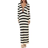 Saodimallsu Womens Crochet Summer Maxi Dress Striped Sexy Cut Out V Neck Long Sleeve Knit Cover Up Beach Dresses