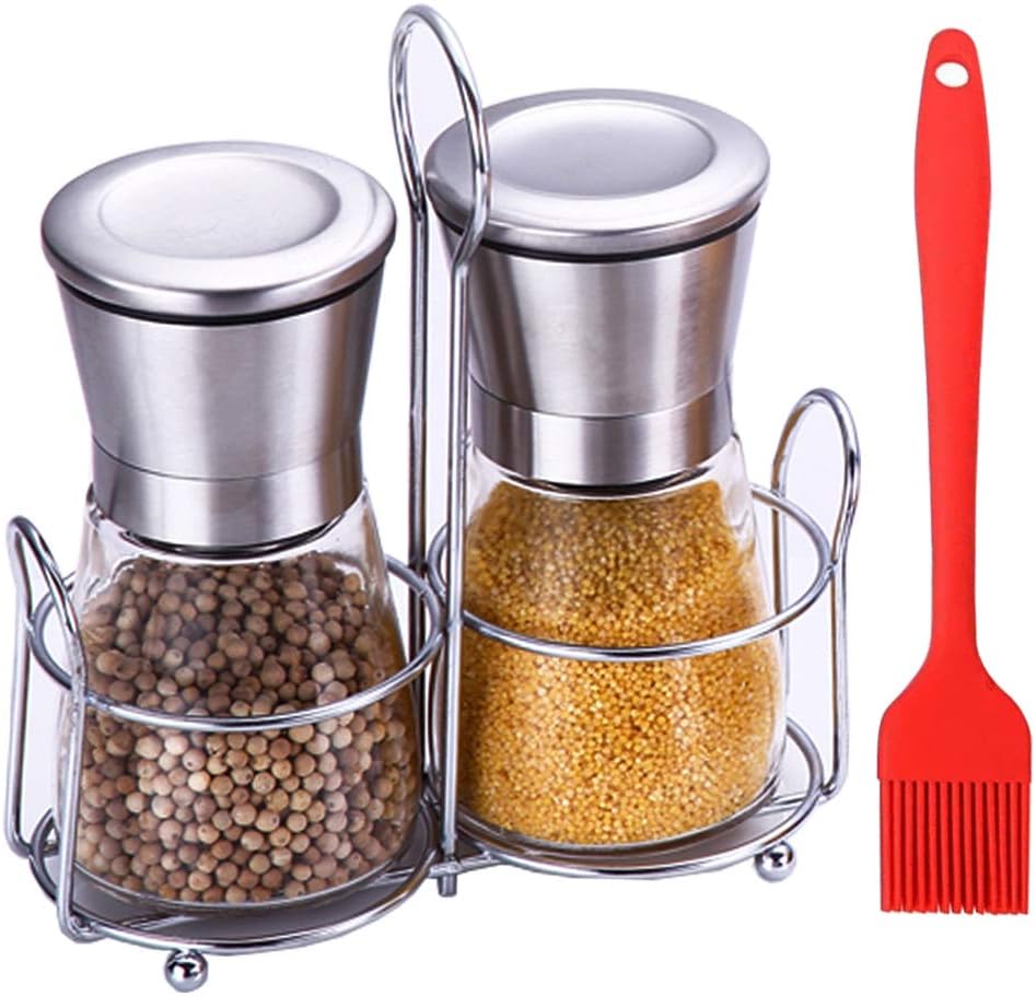 Hvanam Salt And Pepper Grinder Set ,Adjustable Dual Sea Salt Grinder Refillable Stainless Steel Glass Shaker 2 in 1 Manual Spice Pepper Mill Crusher With Stand And Silicone Brush