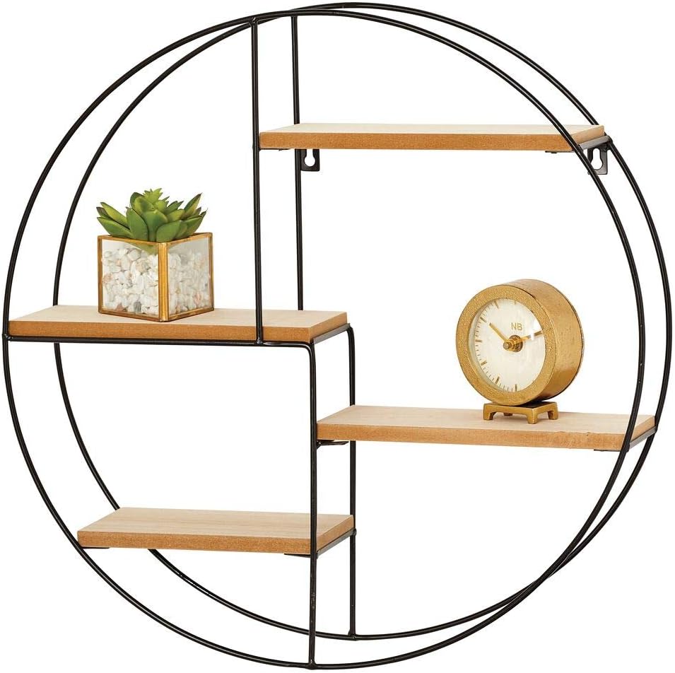 mDesign Round Metal Wall Mount Display Organizer Holder, 4 Shelf - to Store and Show Off Small Collectibles, Figurines, Mugs, Succulent Plants - Black/Natural