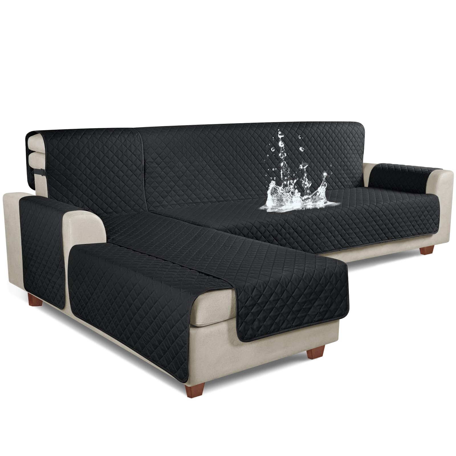 KinCam 100% Waterproof Sectional Couch Covers, Reversible L Shaped Sofa Covers 3pcs Sofa Slipcovers for Sectional Chaise Slipcover for Pets Kids (XLarge, Black)