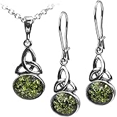 Ian and Valeri Co. Green Amber Sterling Silver Celtic Oval Pendant Earrings Necklace 18 inches