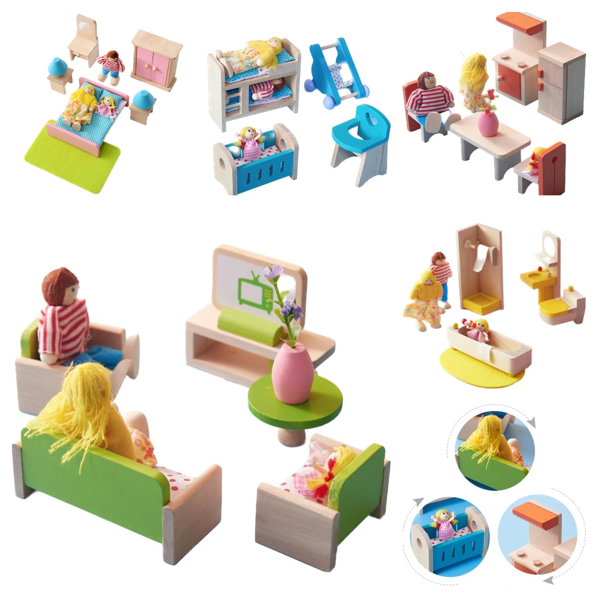 DecoBay Wooden Dolls House Furniture 5 Sets Bedroom, Kitchen, Bathroom, Living Room and Nursery (5 Sets of Room Furnitures)