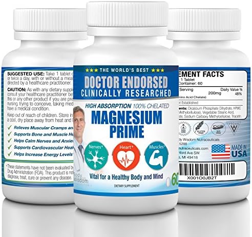 Chelated Magnesium Supplement Doctor Endorsed - High Absorption Magnesium, 100% Magnesium Chelate, 200mg, Non-GMO, Vegan, Gluten Free, Soy Free, 60 Magnesium Pills