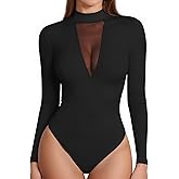 MANGOPOP Long Sleeve Body Suit Mock TurtleNeck Bodysuit for Women Mesh Deep V Bodysuit Tops