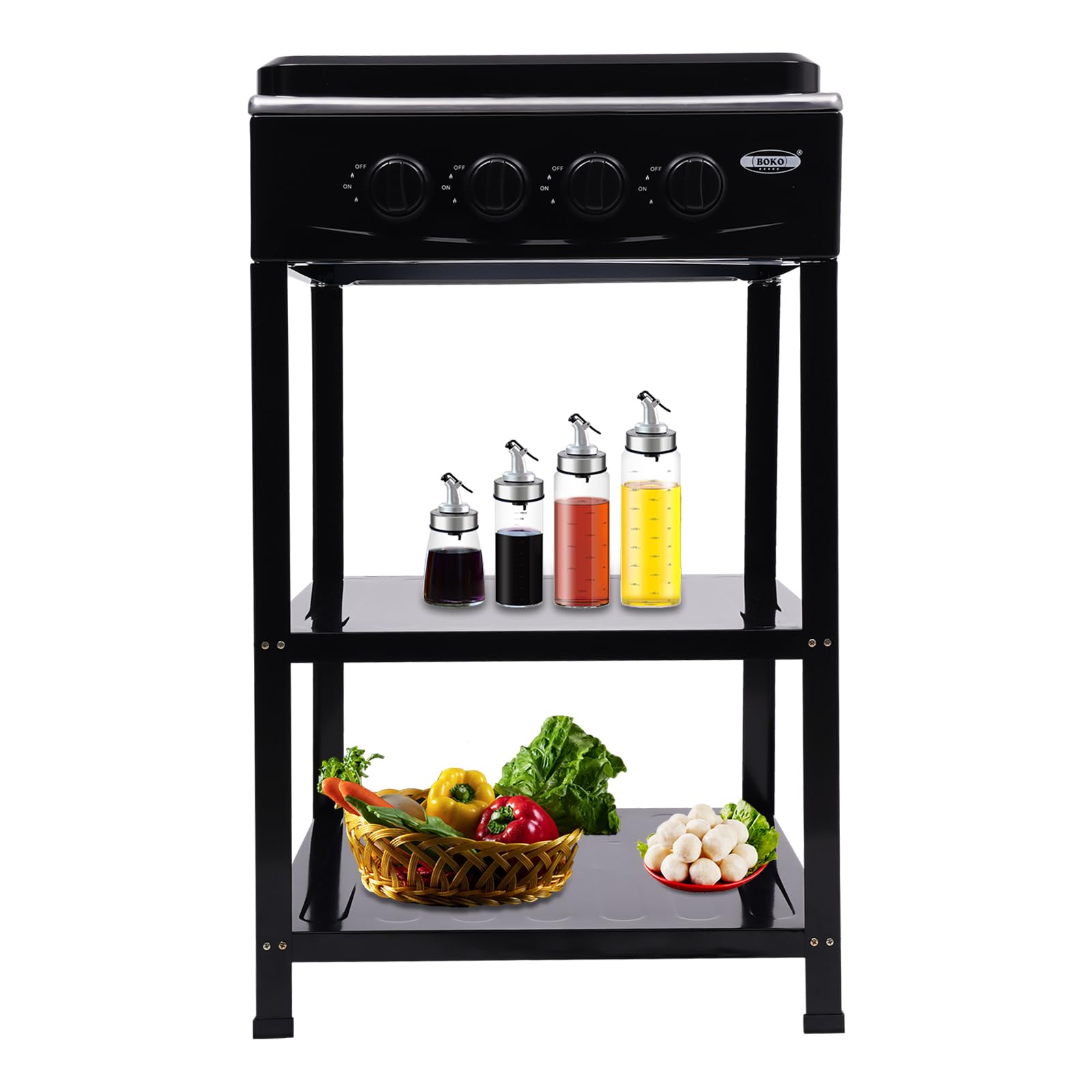 4-Burner Gas Stove,White Portable NG/LPG Cooktop with Double Storage Shelves,Outdoor Indoor Manual Ignition Freestanding Camping Stove for RV,Patio,Home Kitchen (Black 2)