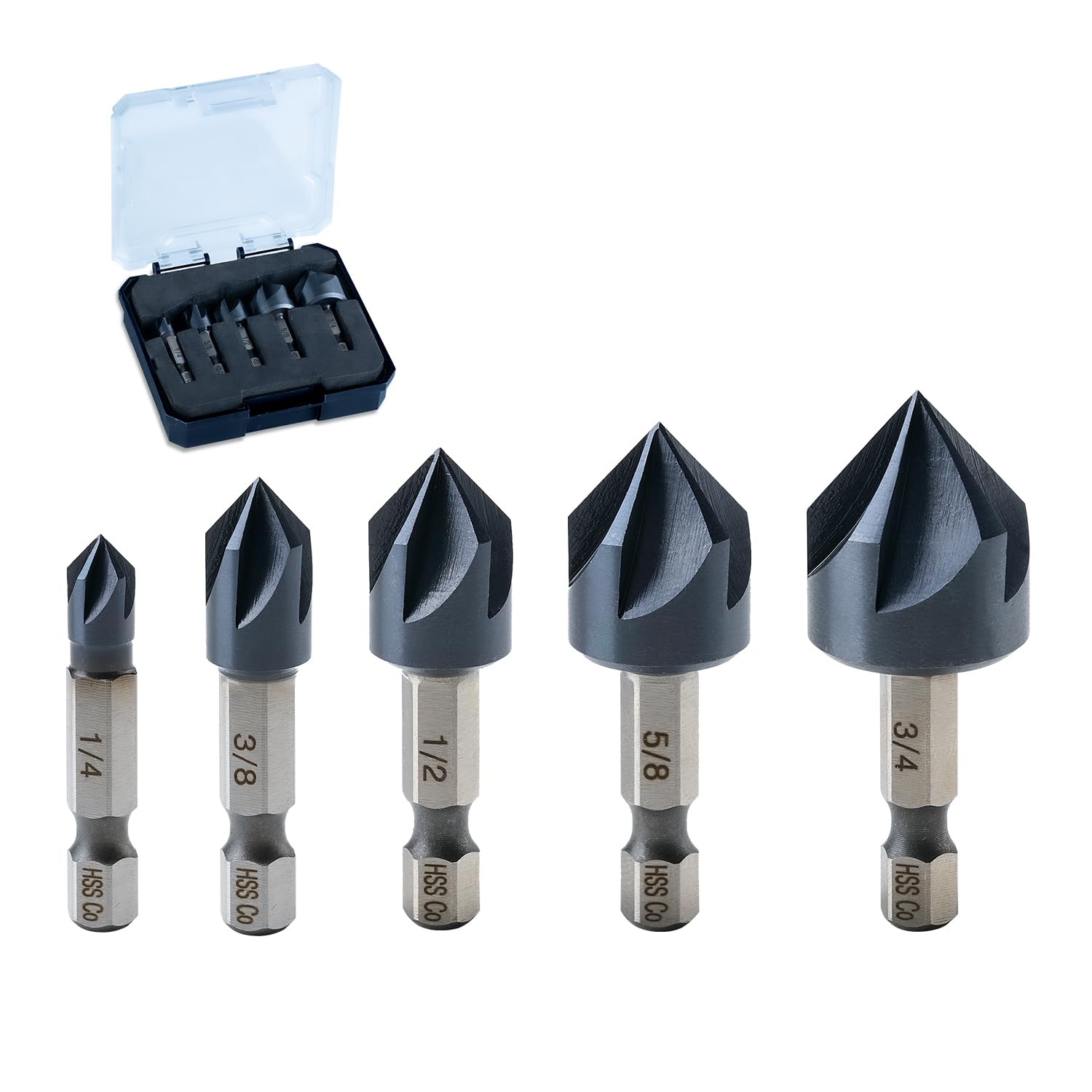 Photo 1 of toolant Noir-Ti Cobalt Countersink Drill Bit Set(Pro), Titanium Aluminum Nitride Coated with Quick Change Hex Shank, 5-Piece 1/4" - 3/4"