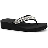 REDVOLUTION New Women's Rhinestone Sandals High | Low Platform T-Strap Jewel Sandals High Wedge Flip Flops