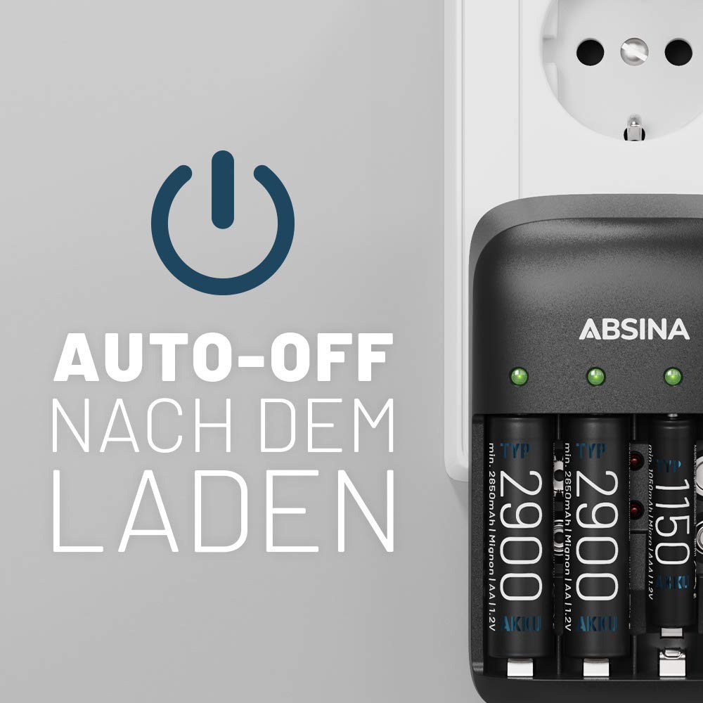 ABSINA Akku Ladegerät AA AAA & 9V - NiMH Batterieladegerät AAA AA & 9V Block 4-Fach für wiederaufladbare Batterien - Akkuladegerät - Battery Charger - Batterie Aufladegerät 7