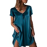Ekouaer Women's Satin Nightgown Short Sleeve Sleepdress V-Neck Sleepwear Loose Silk Sleepshirt