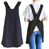 NEWGEM Japanese Linen Cross Back Cooking Aprons for Women Men with Pockets Cute for Baking Kitchen