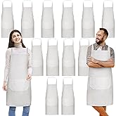 Dwrttow 12 Pack Bib Apron,White Aprons Bulk,Unisex Plain Bib Aprons with 2 Pockets,Blank Apron with Long Ties for Adults Cooking Painting BBQ Grilling Baking Machine Washable,32 x 28 Inch
