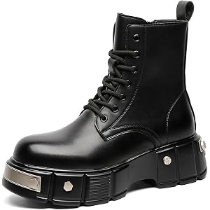 SEDFGLS Men'S Leather Lace-Up Platform Combat Boots Fashion Wide Round Toe Side Zipper Chunky Heel Lug Sole Black Ankle Booti