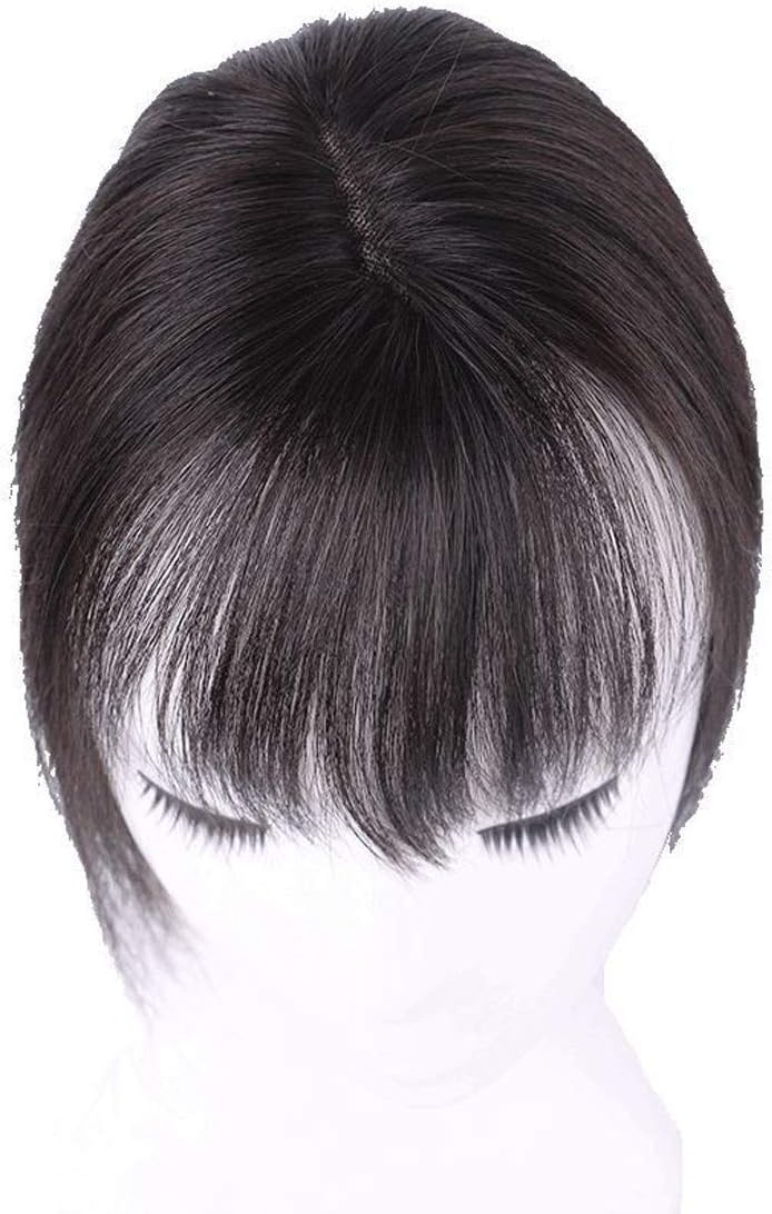 TOPJIN Clip in Seamless Human Hair Front Fringe Extensions Bangs Wigs Top Toupee Hairpiece (7x10) Natural Black