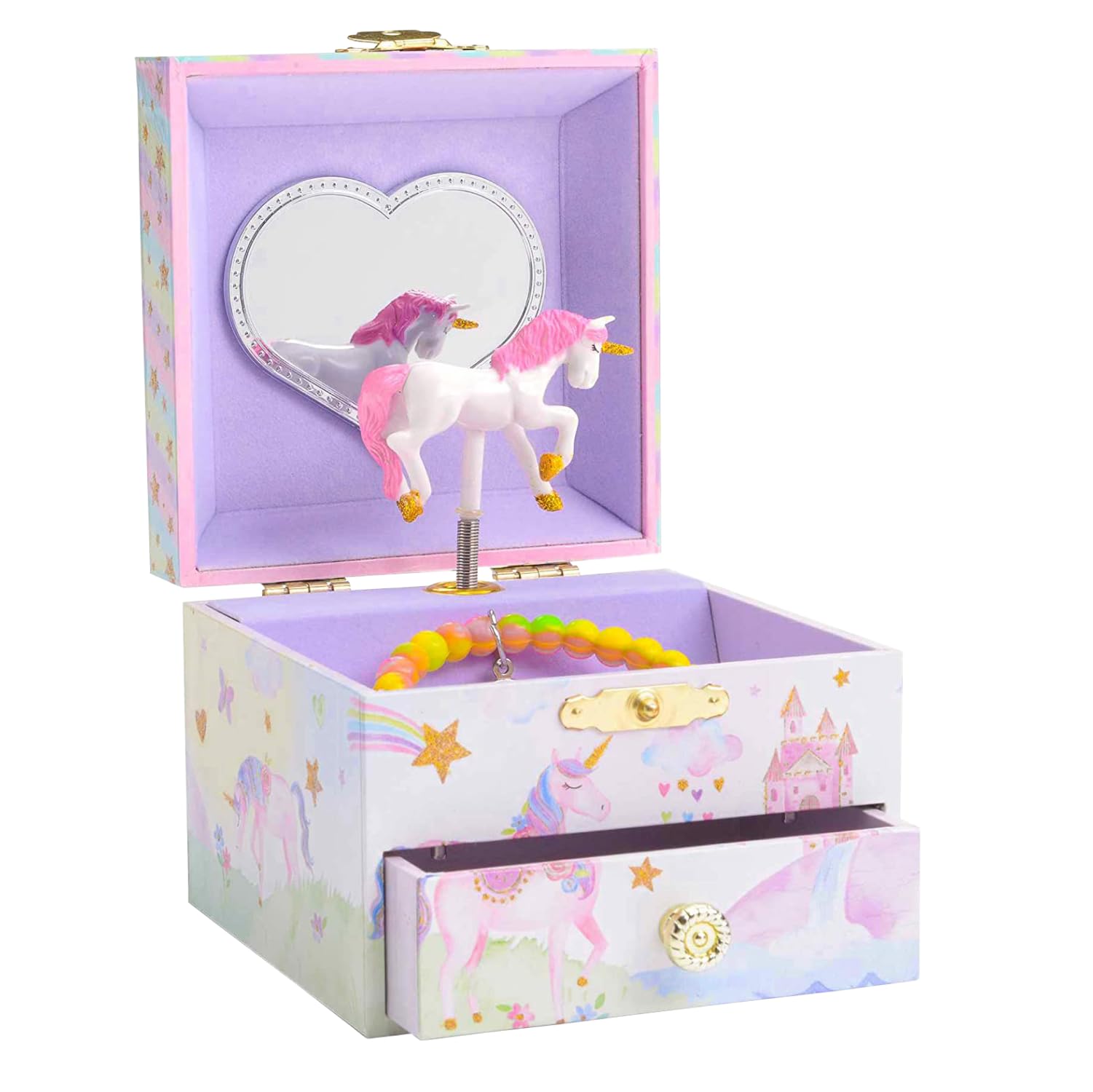 Jewelkeeper Unicorn Jewellery Box for Girls - Spinning in The Beautiful Dreamer Tune - Glitter Rainbow Design With Drawer - Music Box - 10x10x8 cm, Party