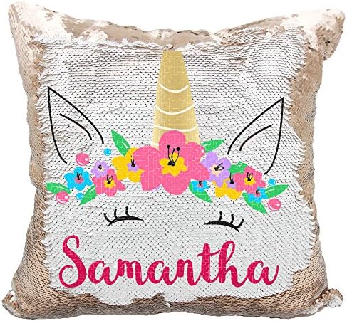 Personalized Mermaid Reversible Sequin Pillow, Custom Unicorn Sequin Pillow (Rose-Gold/White)