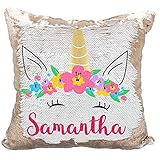 Personalized Mermaid Reversible Sequin Pillow, Custom Unicorn Sequin Pillow (Rose-Gold/White)