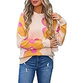 Sumleno Womens Cute Color Block Flower Pattern Sweaters Crewneck Pullover Tops Kawaii Aesthetic Fall Winter Knitwear