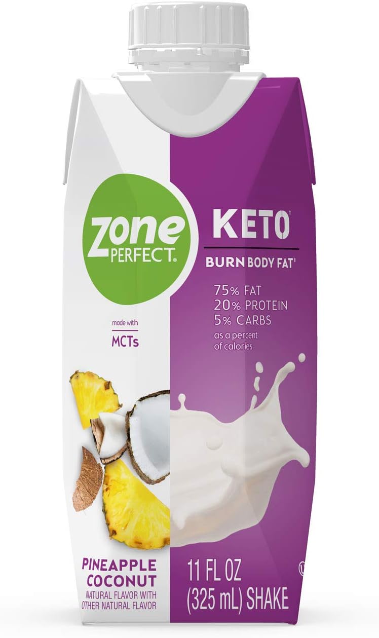 ZonePerfect Keto Shake, Pineapple Coconut Flavor, True Keto Macros To Burn Body Fat, Made With MCTs, 11 fl oz, 12 Count