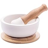 Porcelain Mortar and Pestle Set – Pill Crusher, Spice Grinder, Herb Bowl, Pesto Powder – Molcajete for Salt - Plus Lid/Non-Sl