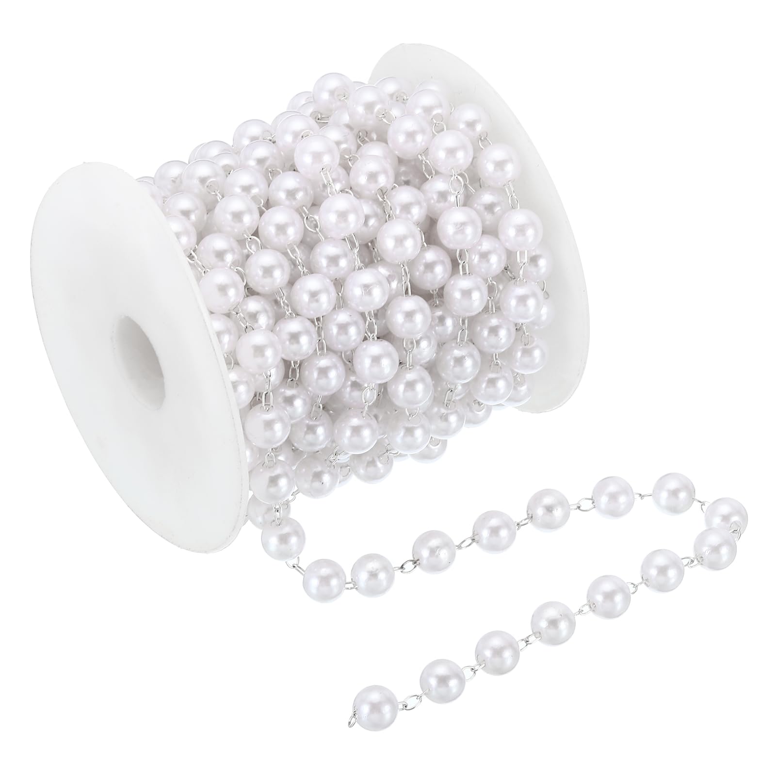 PATIKIL 5m/16 Feet Faux Pearl Beading Chain with Spool, 8mm Brass Chain Link for Decoration Making DIY Accessories Style 1, Light Silver