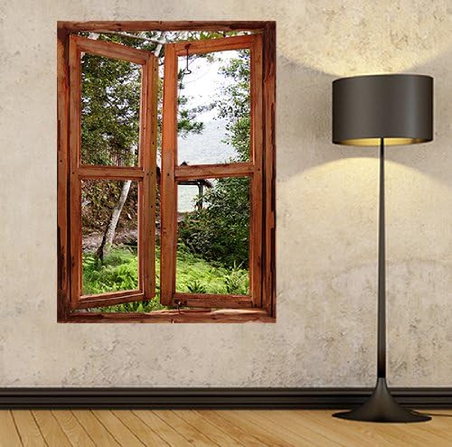 Illusion Window view wall Mural Window view Wall Stickers, Window Frame Wall Art, self adhesive wallpaper View of the Tranquil Garden Path in The Mountains, Multi colour