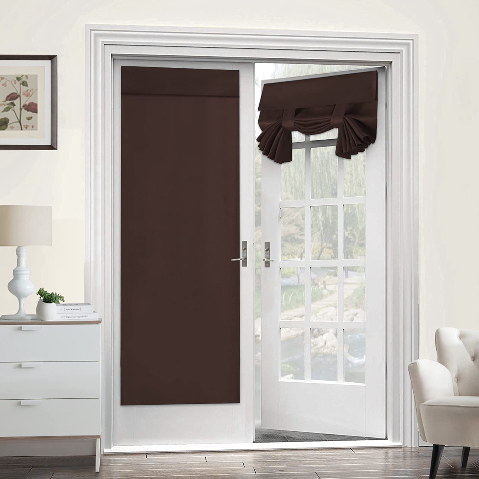 Topchances French Door Panel Curtains Set of 2, Punch-Free Velcro Blackout Door Curtains, Thermal Insulated & Dustproof Door Curtains for Patio Door/Indoor 26" x 68" (Brown)
