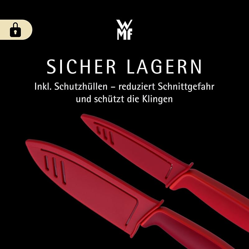 Touch Messerset 2-teilig – scharfes Küchenmesser-Set aus Spezialklingenstahl, antihaftbeschichtet und ergonomisch geformt, mit Schutzhüllen, bestehend aus Kochmesser und Gemüsemesser, rot