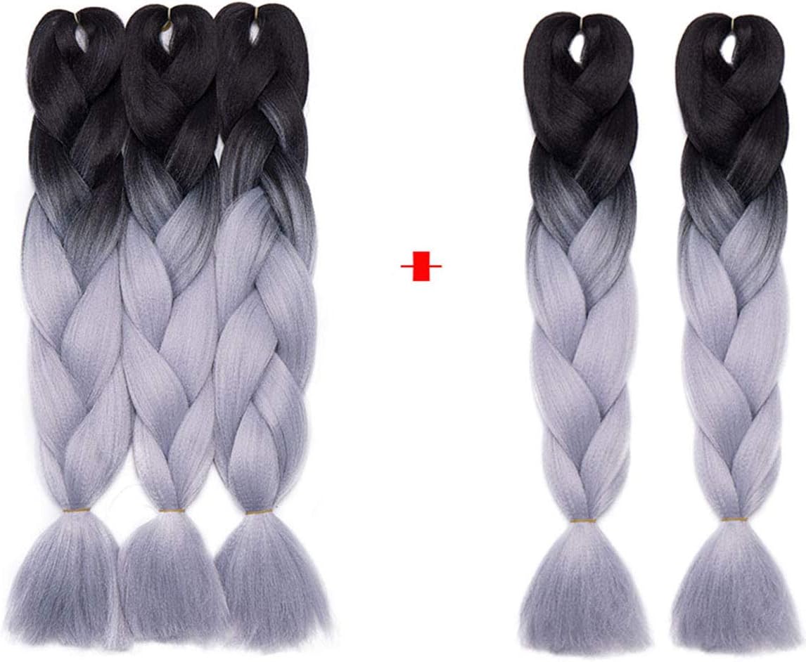 Real Fashion 5Pcs Braiding Hair Extensions Synthetic Ombre Hair Kanekalon Braiding High Temperature Fiber Crochet Twist Braids 24" Long - Black to Silver Grey