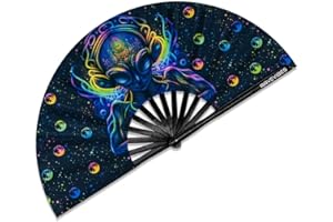 Ravevibes 13" Large Rave Fan Folding Hand Fan, Bamboo Festival Clack Fan Foldable UV Glow Edm Fans For Rave Outfits Accessories Performance Dance Party For Men Women, Alien