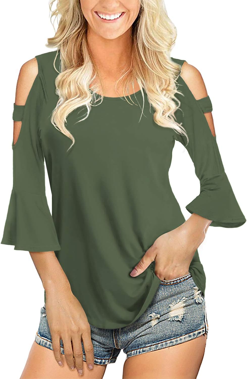 Womens Cold Shoulder Top Basic T Shirts 3/4 Sleeve Casual Blouse Tshirts