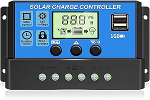 ROLOKIT 30A PWM Solar Charge Controller, 12V 24V Dual USB Solar Panel Battery Intelligent Regulator with LCD Display, Auto Parameter Adjustable, Timer Setting, Multiple Load Control Modes
