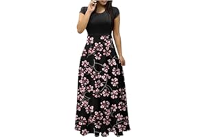 MRGIINRI Dresses for Women 2023 Dressy Casual Short Sleeve Crewneck Sundress Summer Boho Floral Empire Waist Beach Maxi Dress