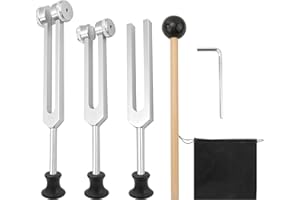 KEJJNYER Tuning Forks for Healing Chakra Set 128hz, 256hz, 512hz,Tuning Fork Medical Chakra Sound Healing Set, Sonic Slider Fork with Hammer, Lampstand, Wrench and Storage Bag (Sliver)